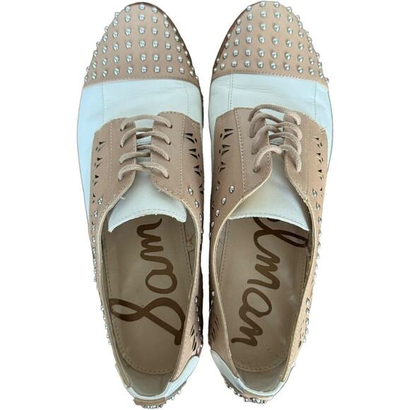 Sam Edelman Womens Jayna Oxfords Beige Studded Leather Lace Up Cap Toe Flat 7.5M - Picture 7 of 12